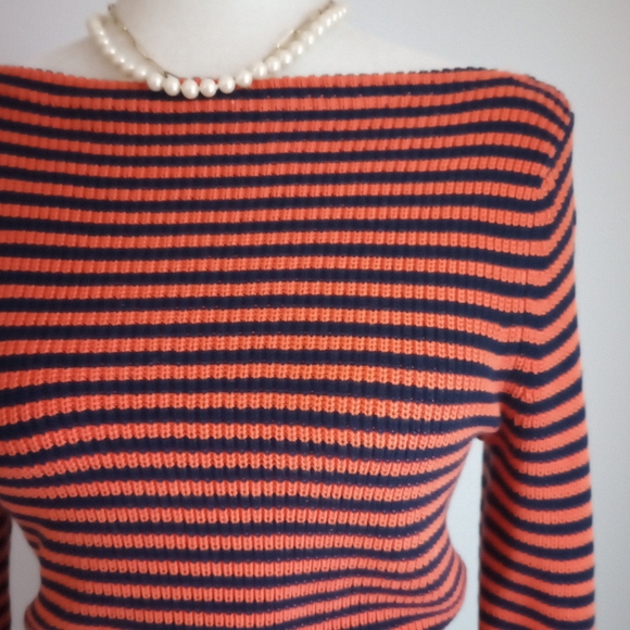 Ralph Lauren Orange Navy Blue Striped Shaker Knit Boat Neck Sweater Size Small - Picture 7 of 15